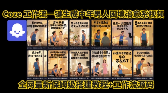 coze工作流一键生成”中年男人困境扎心高涨粉高播放量图文视频”保姆级拆解教程,无需剪辑,无需拍摄写文案插图 coze工作流一键生成”中年男人困境扎心高涨粉高播放量图文视频”保姆级拆解教程,无需剪辑,无需拍摄写文案