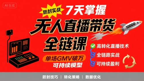 无人直播带货全链防封实战课,7天掌握高转化直播技术,实现单场GMV破万可持续模型插图 无人直播带货全链防封实战课,7天掌握高转化直播技术,实现单场GMV破万可持续模型