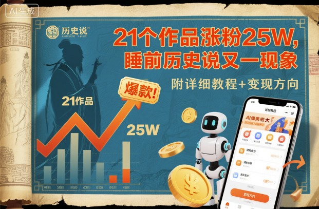 21个作品涨粉25W,睡前历史说又一现象级AI内容大爆款来啦,附详细教程+变现方向插图 21个作品涨粉25W,睡前历史说又一现象级AI内容大爆款来啦,附详细教程+变现方向