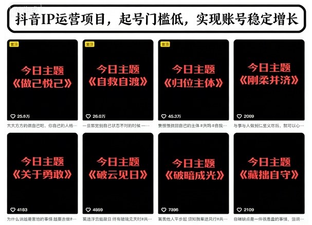 抖音IP运营项目，抖音今日主题玩法，起号门槛低，实现账号稳定增长
