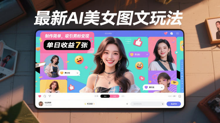 最新AI美女图文玩法，制作简单，吸引男粉变现，单天收益7张