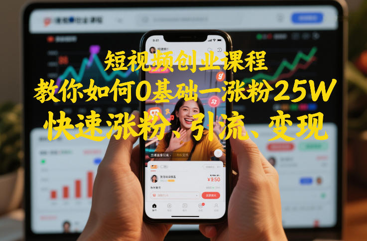 短视频创业课程，教你如何0基础一天涨粉25W，快速涨粉、引流、变现