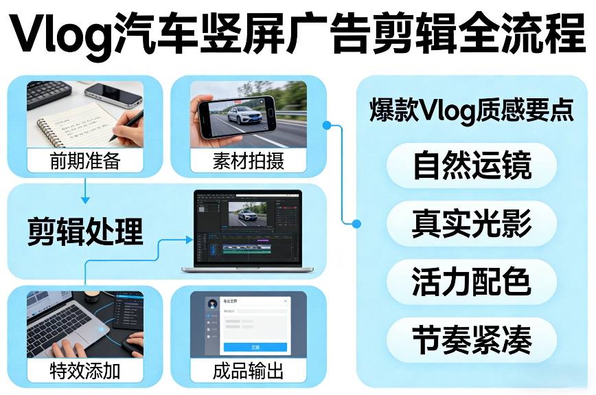Vlog感觉汽车竖屏广告剪辑脚本全流程,拿捏爆款Vlog质感插图 Vlog感觉汽车竖屏广告剪辑脚本全流程,拿捏爆款Vlog质感
