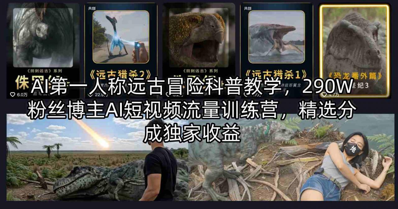 AI第一人称远古冒险科普教学，290W粉丝博主AI短视频流量训练营，精选分成独家收益